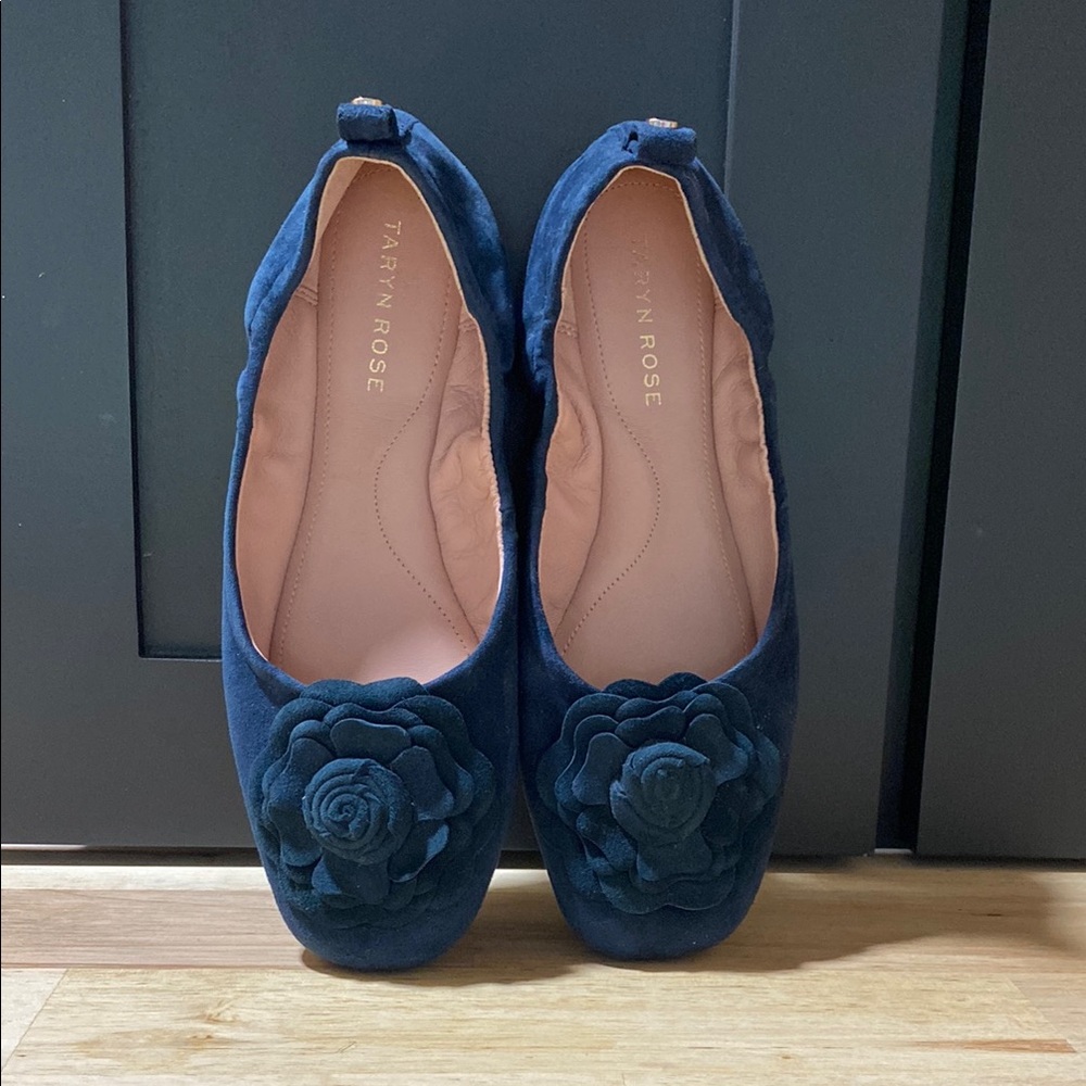 Taryn Rose Blue Suede Ballet Flats with Rosette